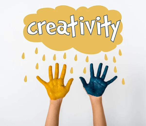 Cropped View Child Blue Yellow Paint Hands Cloud Creativity Letters — Stock Photo, Image