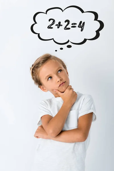 Niño Pensativo Tocar Cara Cerca Burbuja Pensamiento Con Números Blanco —  Fotos de Stock