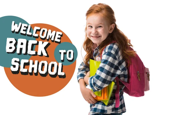 Cheerful Redhead Pupil Holding Books Welcome Back School Letters Isolated — Stock Photo, Image