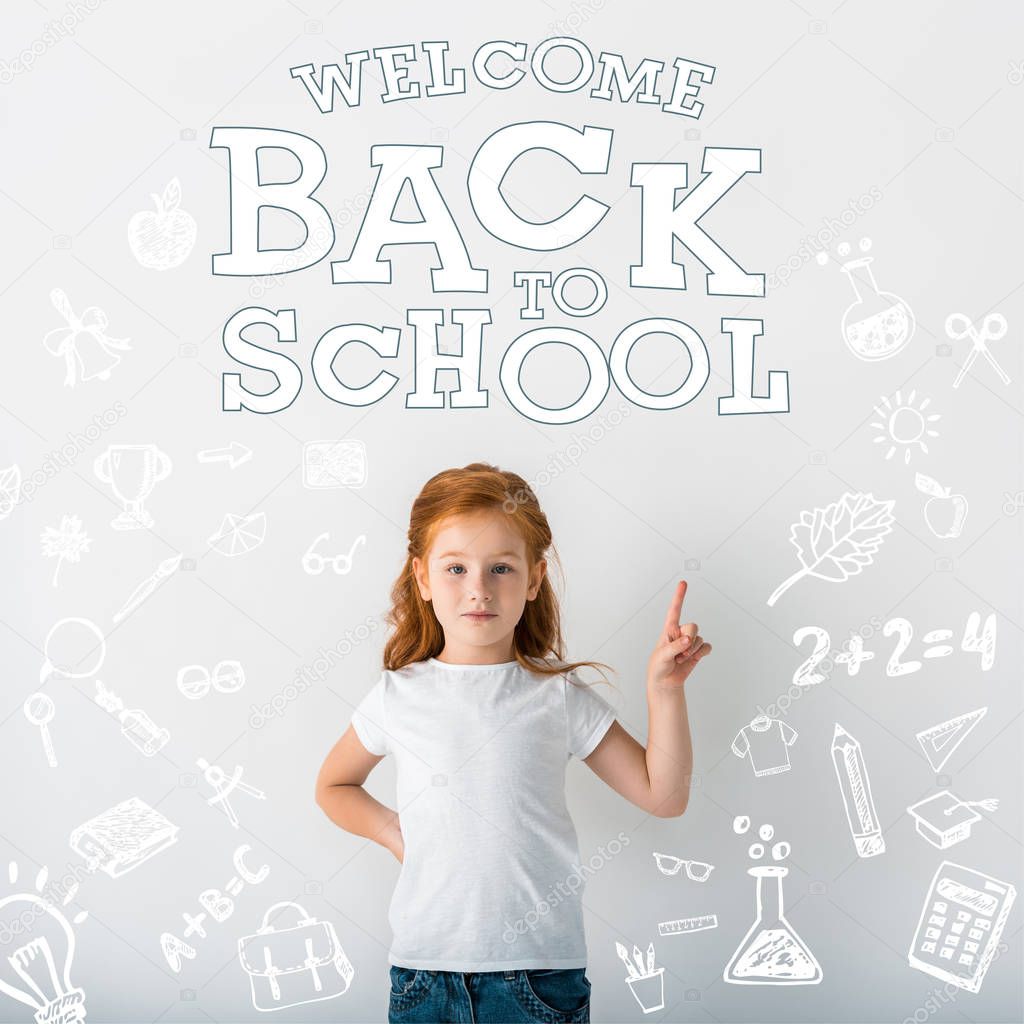 cute redhead kid looking at camera and pointing with finger near welcome back to school letters on white 