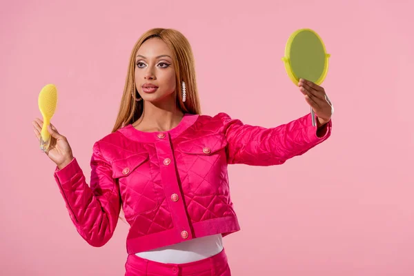 Attractive Stylish African American Woman Holding Hairbrush Mirror Isolated Pink — Stock Photo, Image