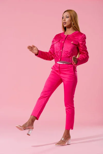 Attractive Stylish African American Woman Stepping Pink Background Fashion Doll — Stock Photo, Image