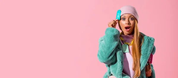 Panoramic Shot Excited Trendy African American Woman Touching Label Sale — Stock Photo, Image