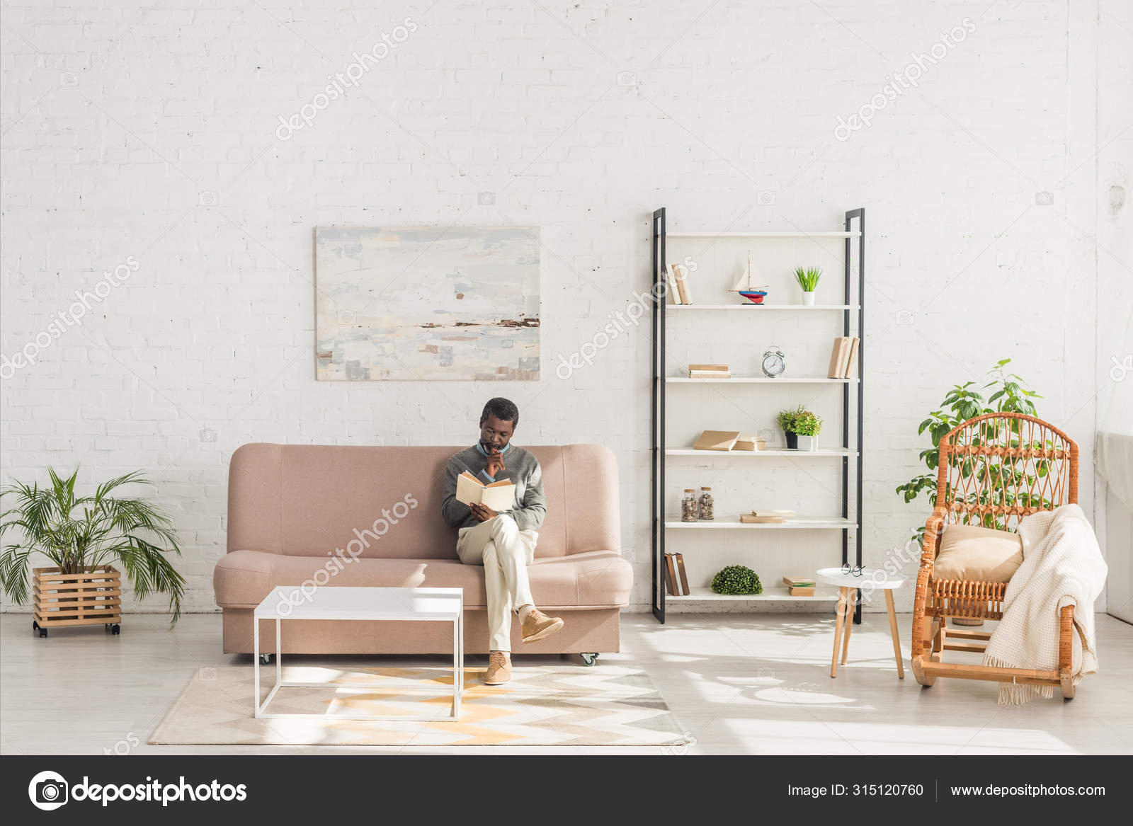 Senior African American Man Reading Book While Sitting Sofa Living Stock Photo Senior African American Man Reading Book While Sitting Sofa Living Stock Photo
