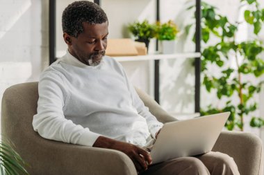 Kıdemli Afro-Amerikan adam koltuğunda oturuyor ve dizüstü bilgisayar kullanıyor.
