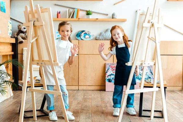 Happy Kids Smiling Waving Hands Art School — Stock Photo, Image