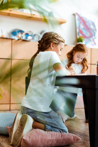 Selective Focus Kids Sitting Pillows Drawing Desk — Stock Photo, Image