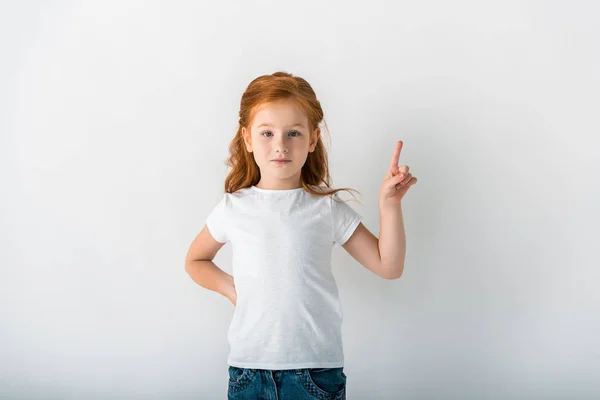 Cute Redhead Kid Looking Camera Pointing Finger White — Stock Photo, Image