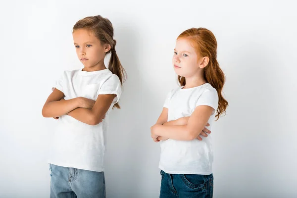 Sad Kids Standing Crossed Arms White — Stock Photo, Image