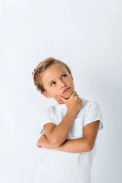 Criança Pensativo Tocando Rosto Branco — Fotografia de Stock