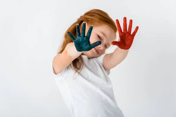 Selective Focus Cheerful Redhead Kid Paint Hands Standing Isolated White — Stock Photo, Image