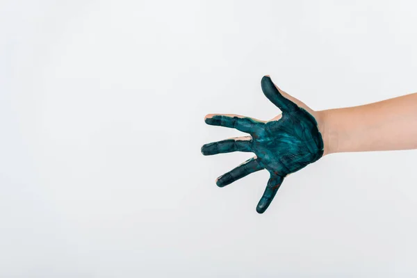 Обрезанный Вид Ребенка Синей Краской Руке Изолированы Белом — стоковое фото