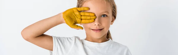 Panoramic Shot Kid Paint Hand Covering Face Isolated White — Stock Photo, Image