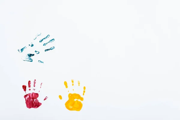 Yellow Red Blue Hand Prints White — Stock Photo, Image