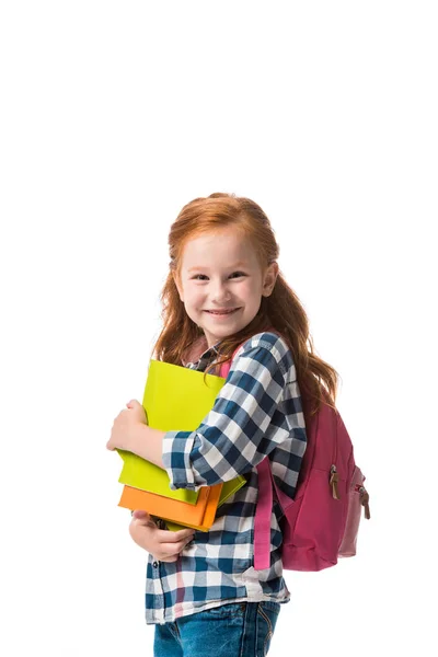 Fröhliche Rothaarige Schülerin Mit Büchern Auf Weißem Papier — Stockfoto