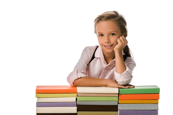 Vrolijk Pupil Glimlachen Terwijl Kijken Naar Camera Buurt Kleurrijke Boeken — Stockfoto