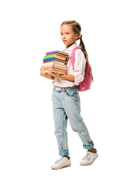 Niedliche Schulkind Mit Bunten Büchern Beim Gehen Isoliert Auf Weiß — Stockfoto