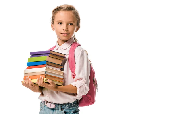 Adorable Colegial Sosteniendo Coloridos Libros Aislados Blanco — Foto de Stock