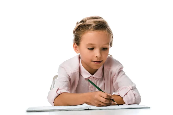 Glückliche Schulkind Lächelt Und Hält Bleistift Der Nähe Notizbuch Isoliert — Stockfoto