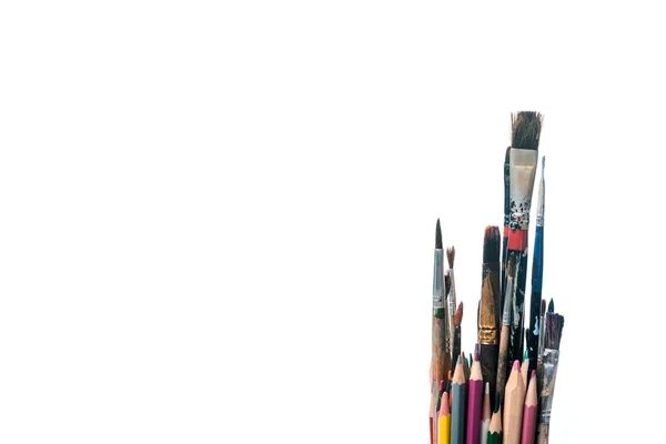 Colorful Pencils Paintbrushes Isolated White — Stock Photo, Image