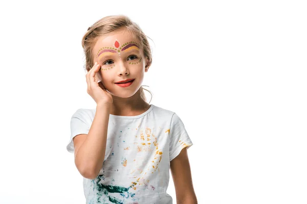 Niño Feliz Con Pintura Cara Sonriendo Aislado Blanco — Foto de Stock