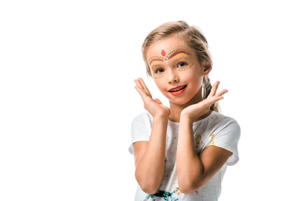 Criança Alegre Com Pintura Facial Sorrindo Isolado Branco — Fotografia de Stock