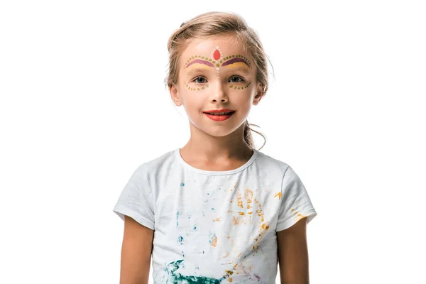 Niño Feliz Con Pintura Cara Sonriendo Aislado Blanco —  Fotos de Stock