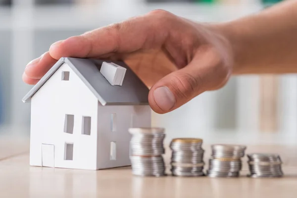 Cropped View Businessman Touching Roof House Model Stacked Coins Royalty Free Stock Photos