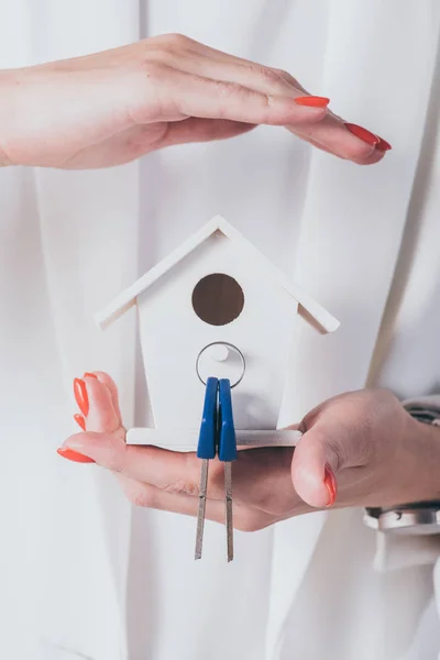 Partial View Businesswoman Holding Covering House Model Keys Hand — Stock Photo, Image