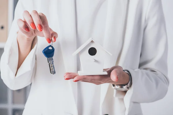 Partial View Businesswoman Showing House Model Keys — Stock Photo, Image