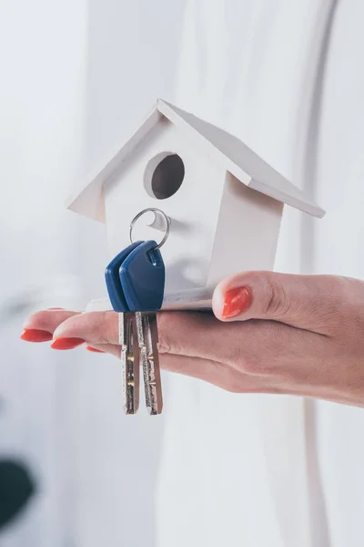 Partial View Businesswoman Holding House Model Keys — Stock Photo, Image