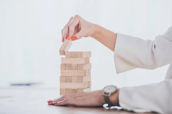 Cropped View Businesswoman Putting Wooden Block Stack — Stock Photo, Image