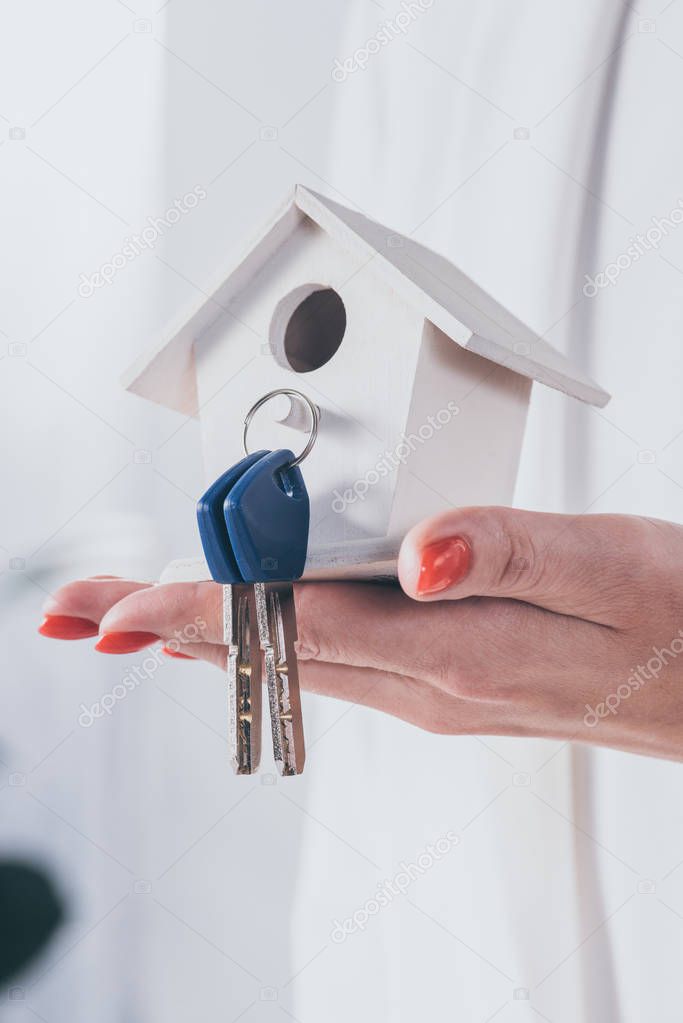 partial view of businesswoman holding house model with keys