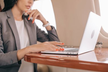 Özel jette dizüstü bilgisayar kullanan iş kadını görüntüsü 