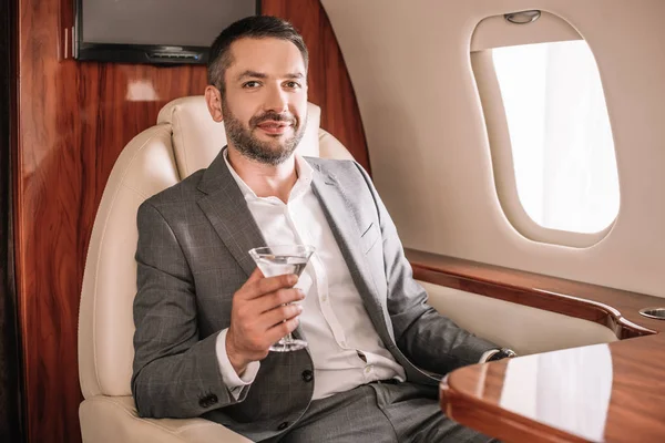 Selective Focus Happy Businessman Holding Martini Glass Drink Private Jet — Stock Photo, Image