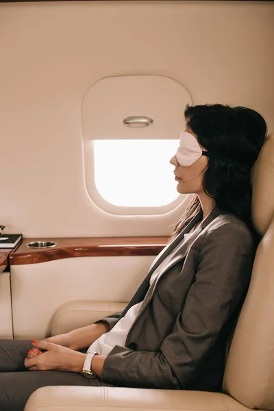 Side View Businessman Sleeping Mask Sitting Airplane Window Private Jet — Stock Photo, Image