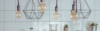 panoramic concept of light bulbs near decorative elements, potted plants and jars in modern kitchen clipart