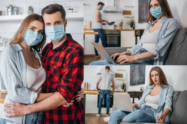 Collage Pareja Joven Máscaras Médicas Abrazos Mientras Mira Cámara Chica — Foto de Stock