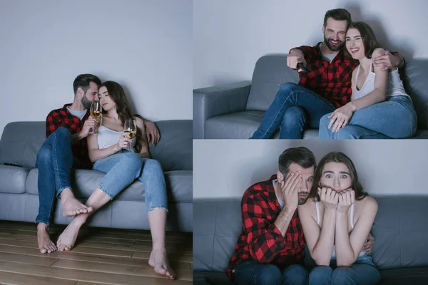 Collage Young Emotional Couple Watching Drinking White Wine Home — Stock Photo, Image