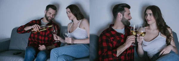 Collage Feliz Pareja Joven Sosteniendo Vasos Vino Blanco Mientras Está —  Fotos de Stock