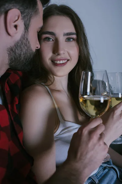 Happy Girl Smiling Camera While Sitting Boyfriend Glasses White Wine — Stock Photo, Image