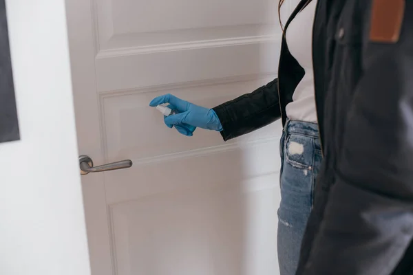 Cropped View Girl Spraying Antiseptic Door Handle — Stock Photo, Image