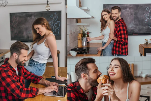 Collage Happy Young Couple Making Coffee Eating Croissant Smiling Freelancer — Stock Photo, Image