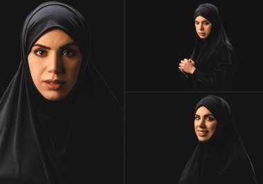 Collage of beautiful sad and smiling muslim woman looking at camera isolated on black  clipart