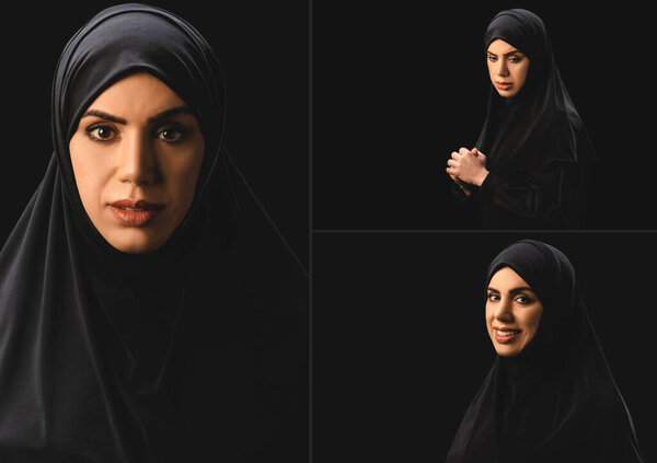 Collage of beautiful sad and smiling muslim woman looking at camera isolated on black 