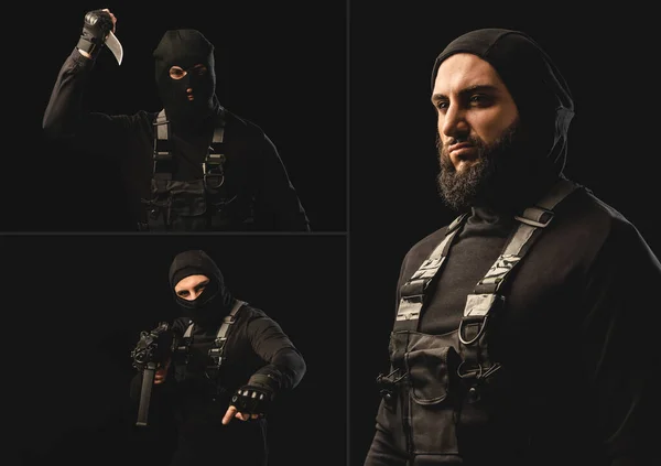 Collage of muslim terrorist in balaclava and body armor holding dagger and machine gun isolated on black