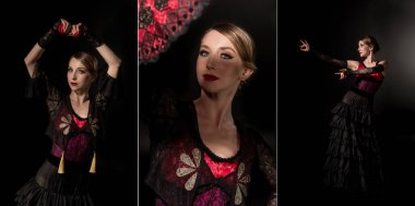 collage of pretty flamenco dancer holding castanets and fan while dancing  isolated on black  clipart