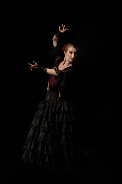 Bonita Bailarina Flamenco Traje Baile Aislado Negro — Foto de Stock