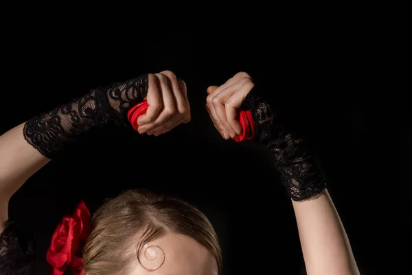 Vista Recortada Bailarina Flamenca Sosteniendo Castañuelas Aisladas Negro —  Fotos de Stock