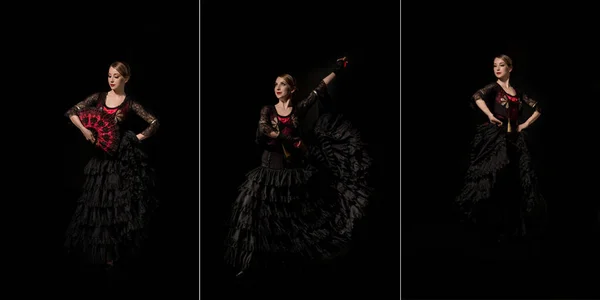 Collage Mujer Elegante Con Abanico Bailando Flamenco Aislado Sobre Negro — Foto de Stock